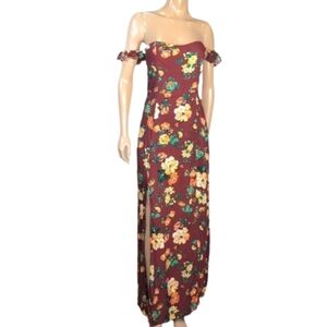 3/$20 Ambiance Burgundy Floral Smocked Maxi Dress Womens Size Large Strapless
